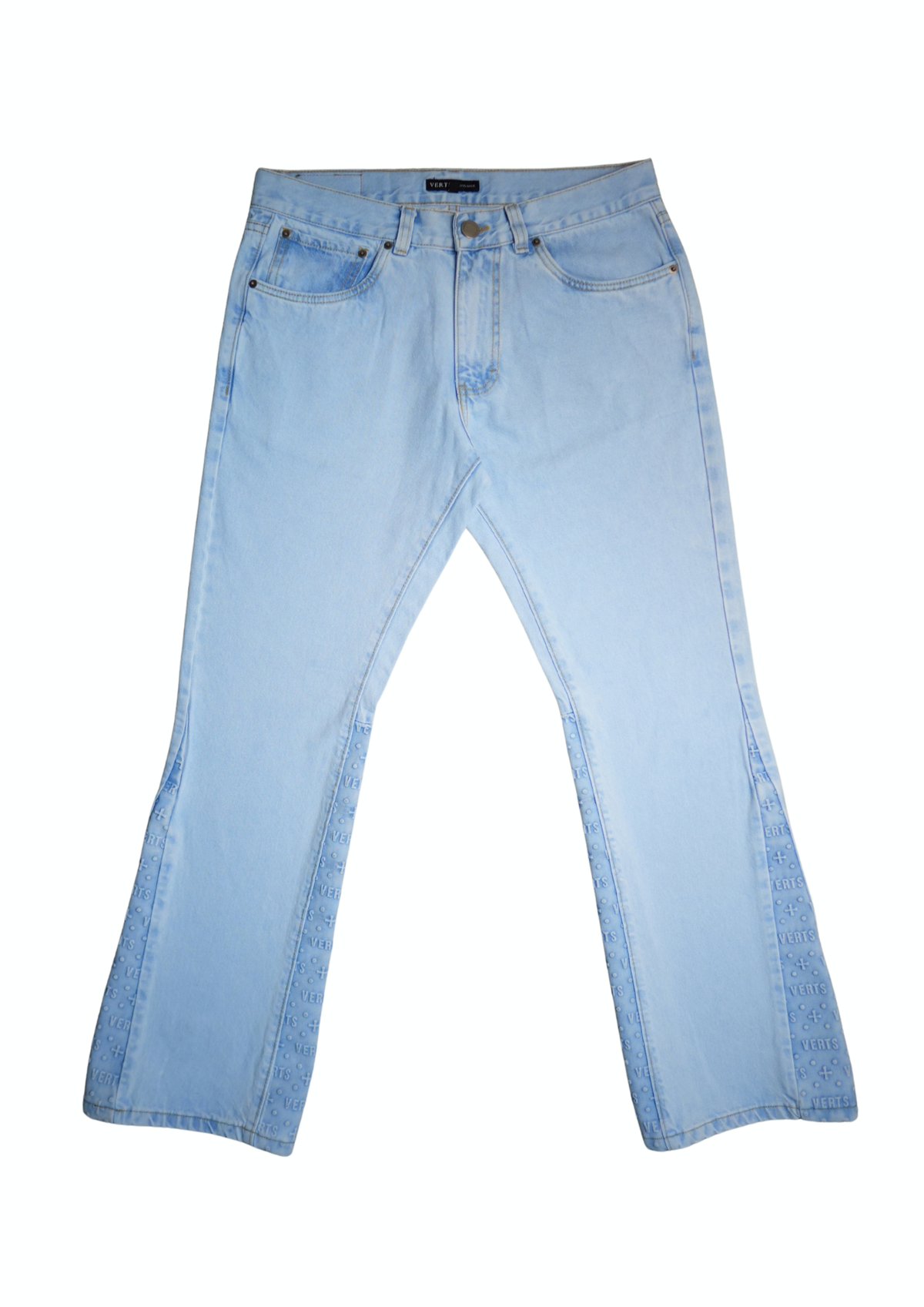 Flared Jeans Ice, Vorderansicht mit geprägtem Relief am unteren Bein
