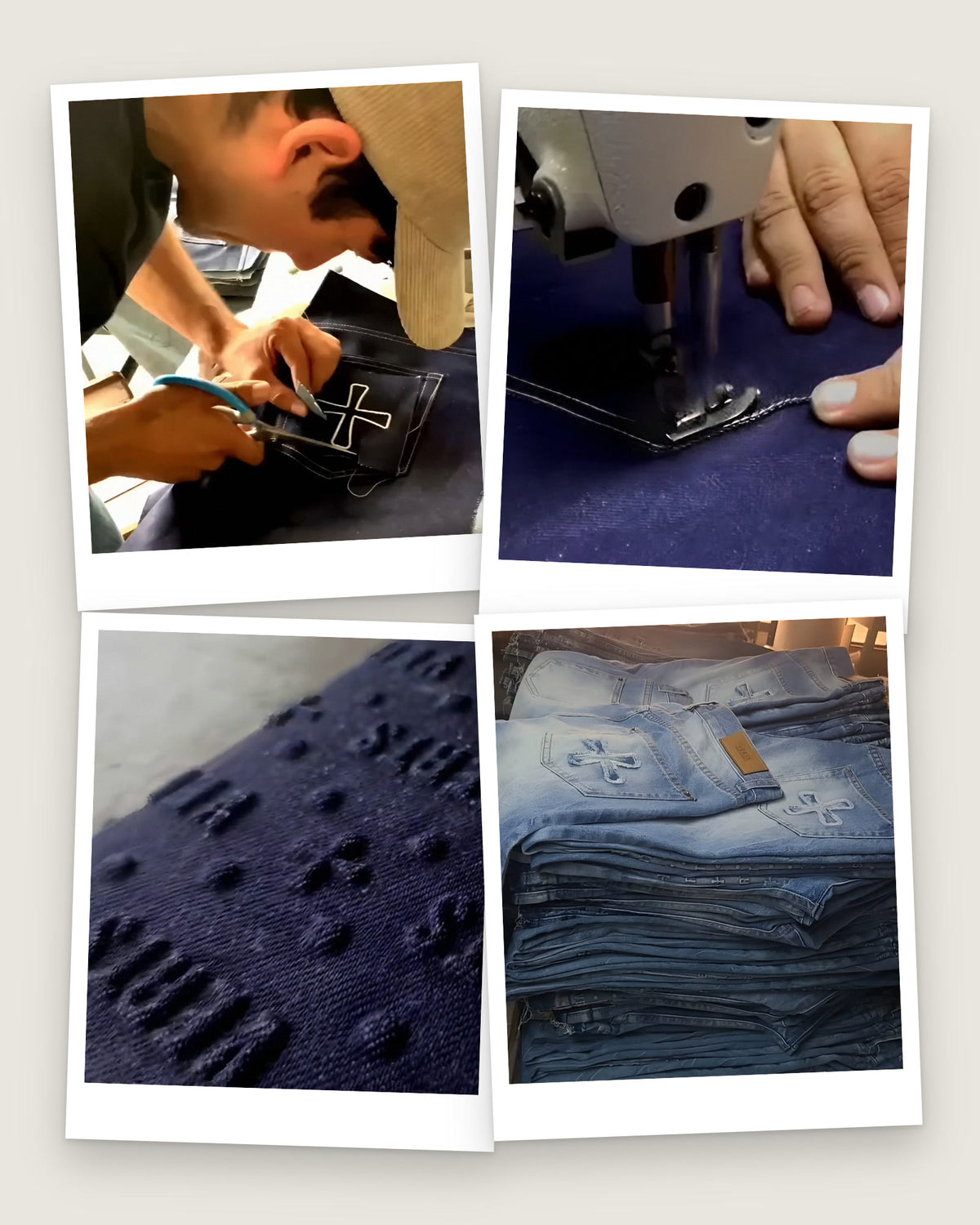 Vier Arbeitsschritte: Zuschnitt, Nähen, Prägung und fertige Jeans